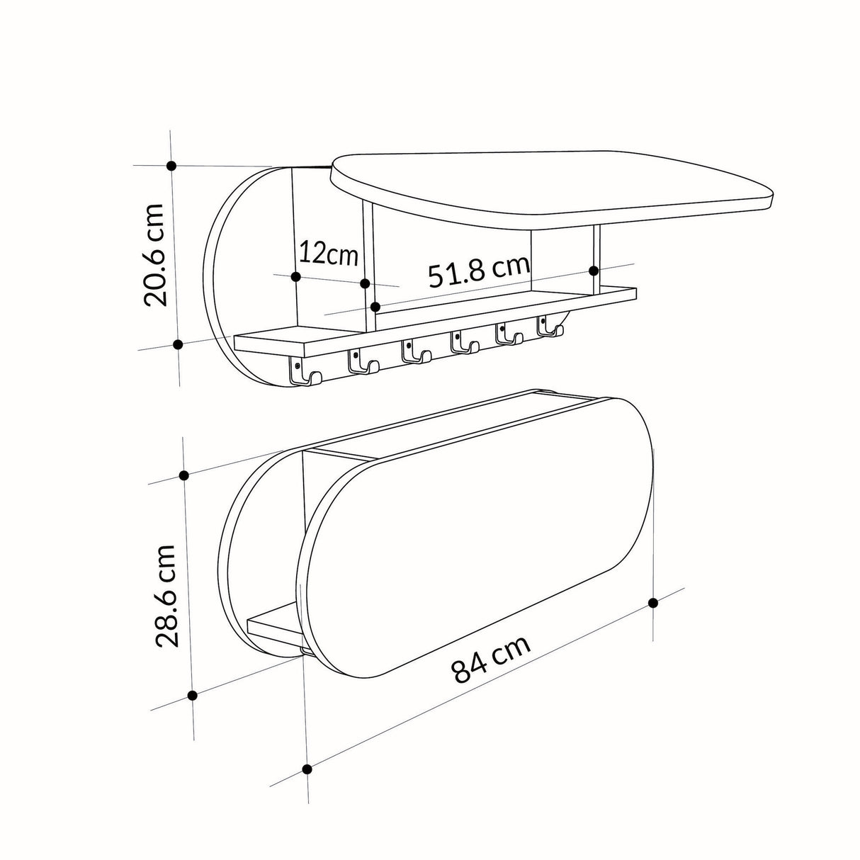 Coat Rack Oval 6-Hook - Hitit - 84x29 cm - With Compartment 