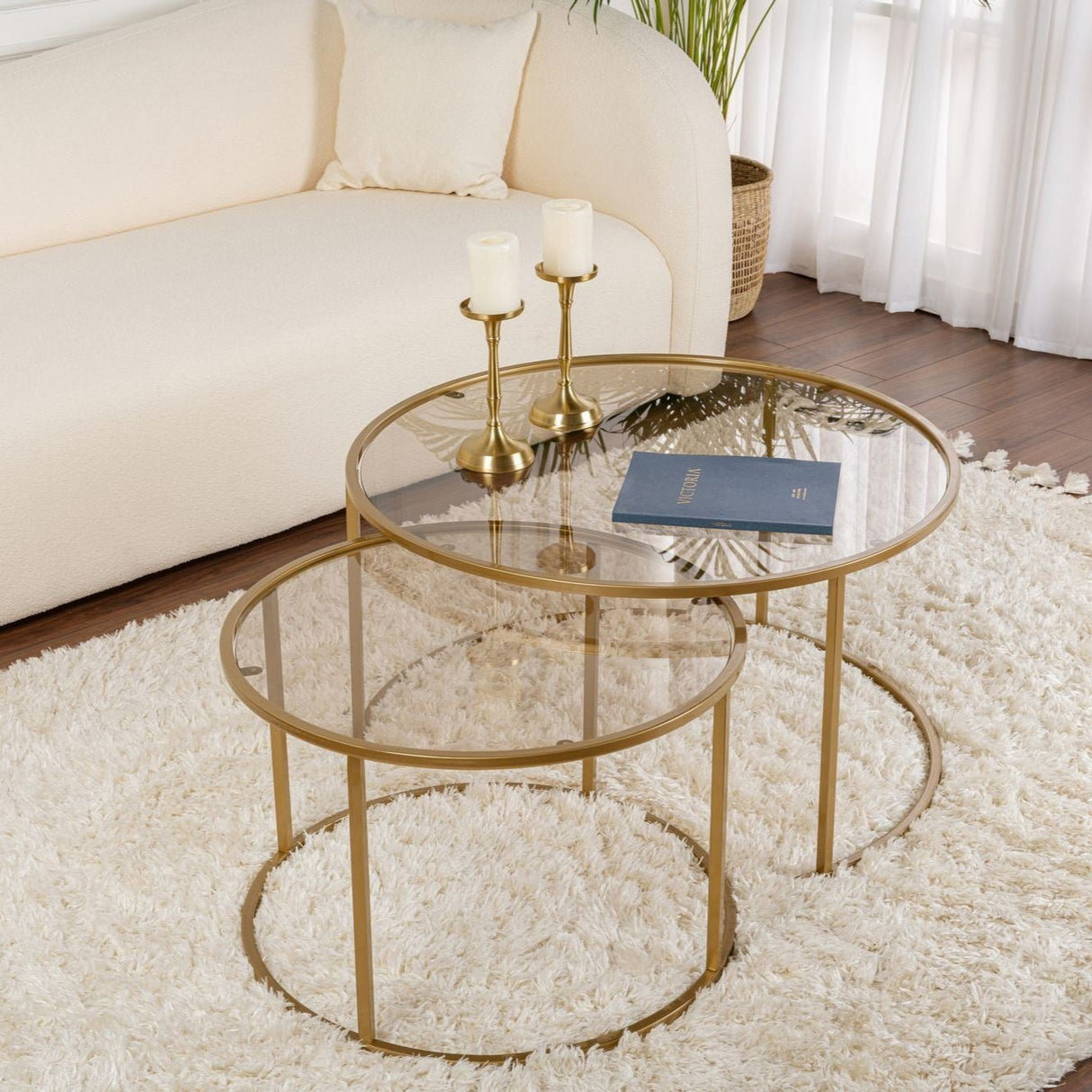 Modern Round Coffee Table Set of 2 Uru Gold - Bronze Glass - 80/60 cm 