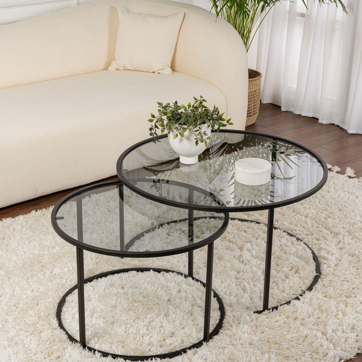 Modern Round Coffee Table Set of 2 Uru Black - Grey Glass - 80/60 cm 