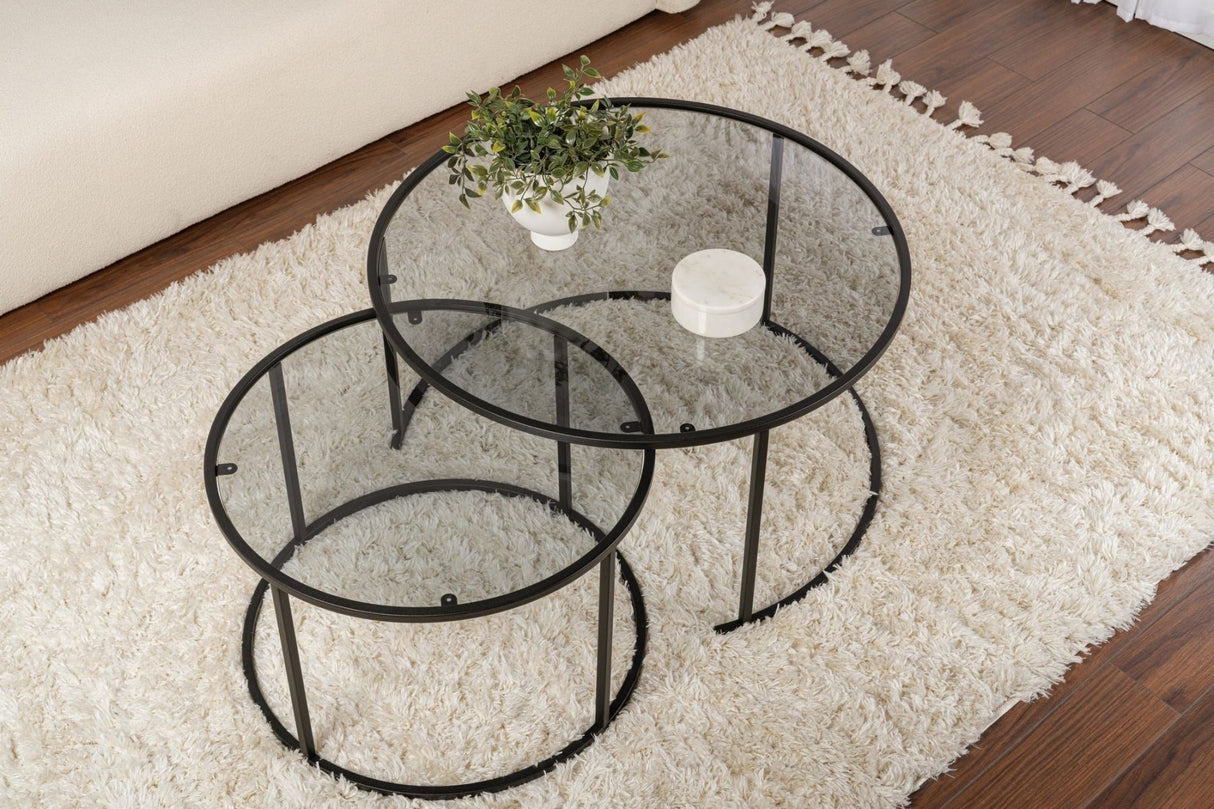 Modern Round Coffee Table Set of 2 Uru Black - Grey Glass - 80/60 cm 