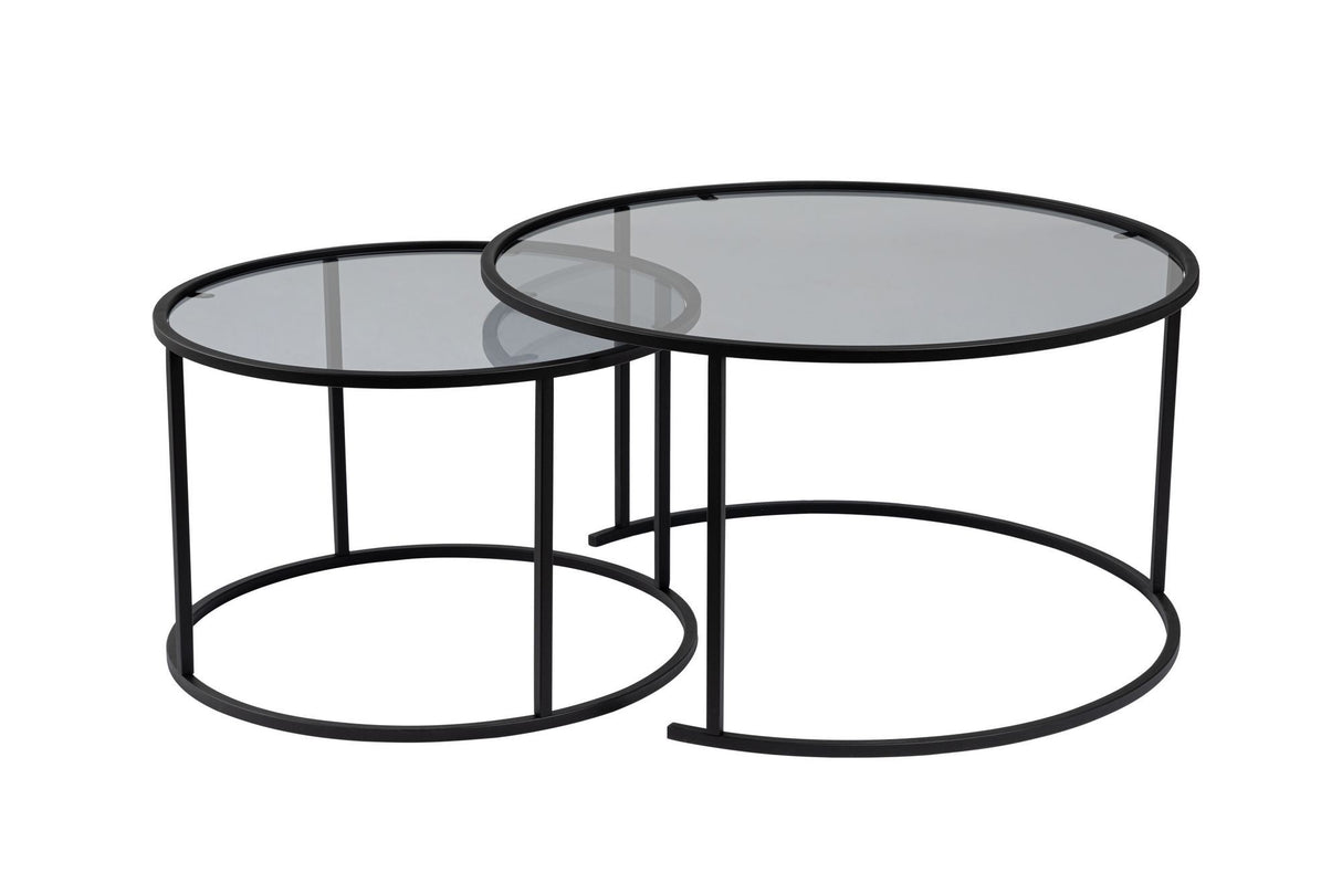 Modern Round Coffee Table Set of 2 Uru Black - Grey Glass - 80/60 cm 