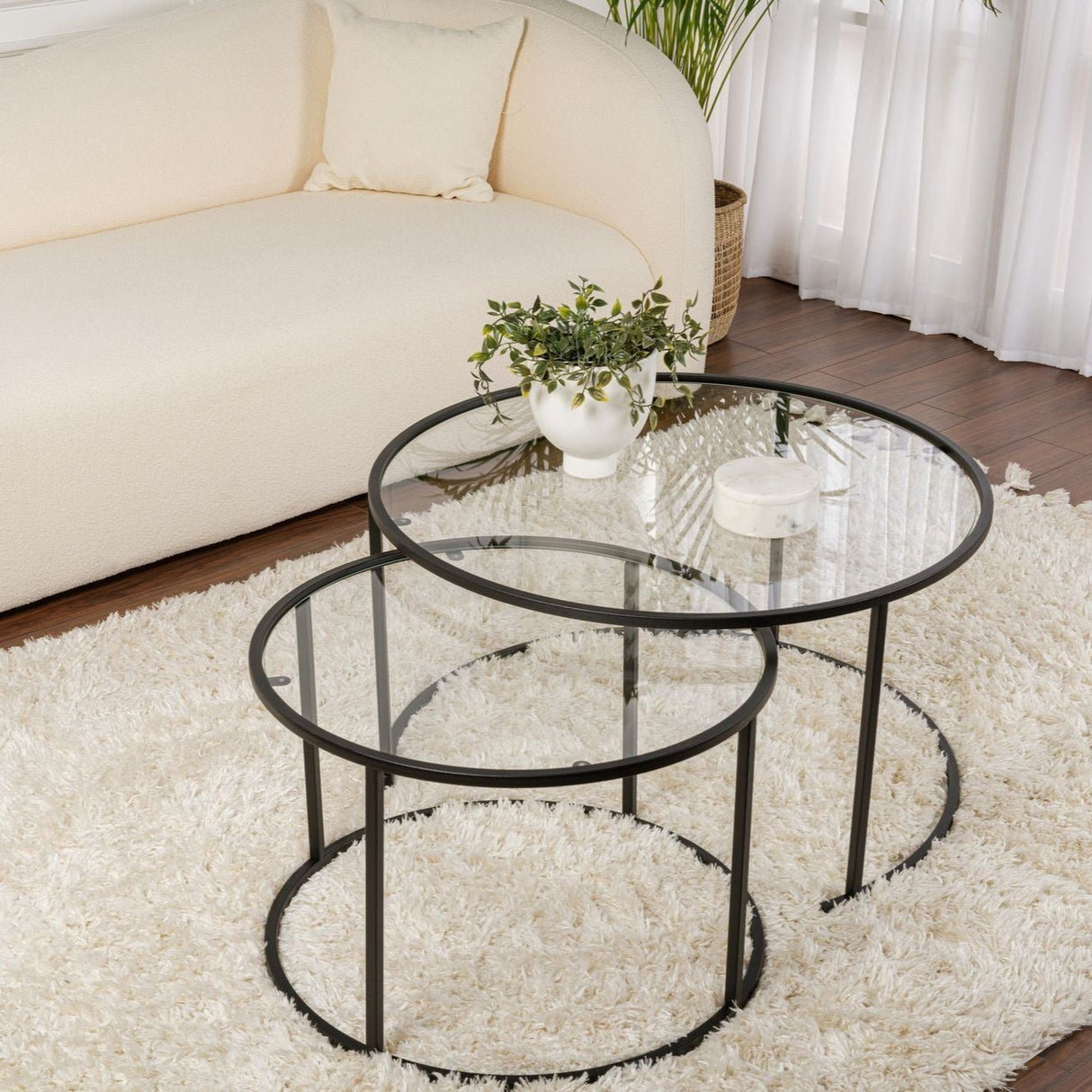 Modern Round Coffee Table Set of 2 Uru Black - Transparent Glass - 80/60 cm 