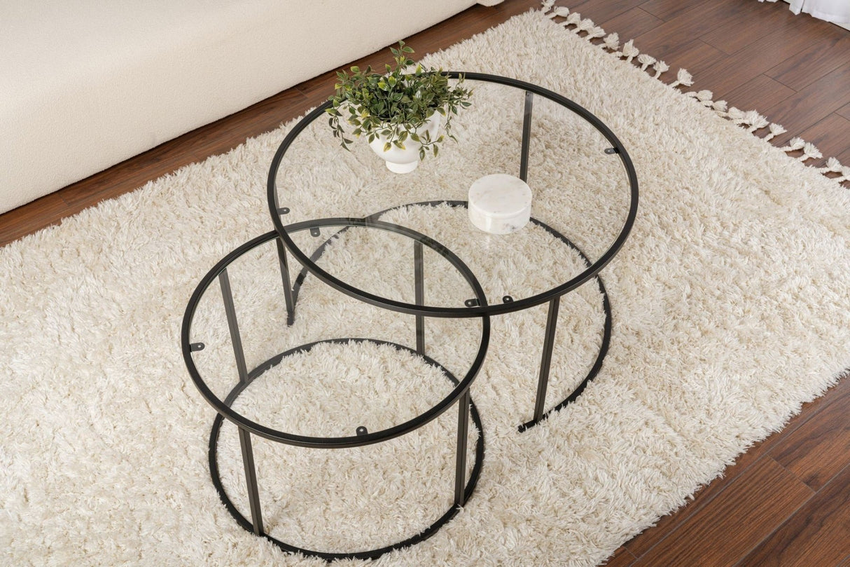 Modern Round Coffee Table Set of 2 Uru Black - Transparent Glass - 80/60 cm 