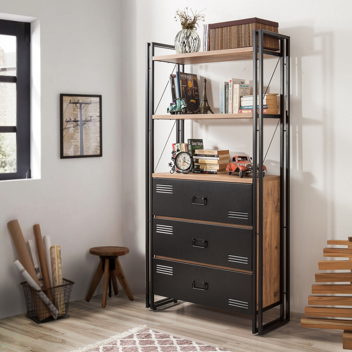 Bookcase Cosmo Atlantic Pine Black Melamine 90x180x35 cm