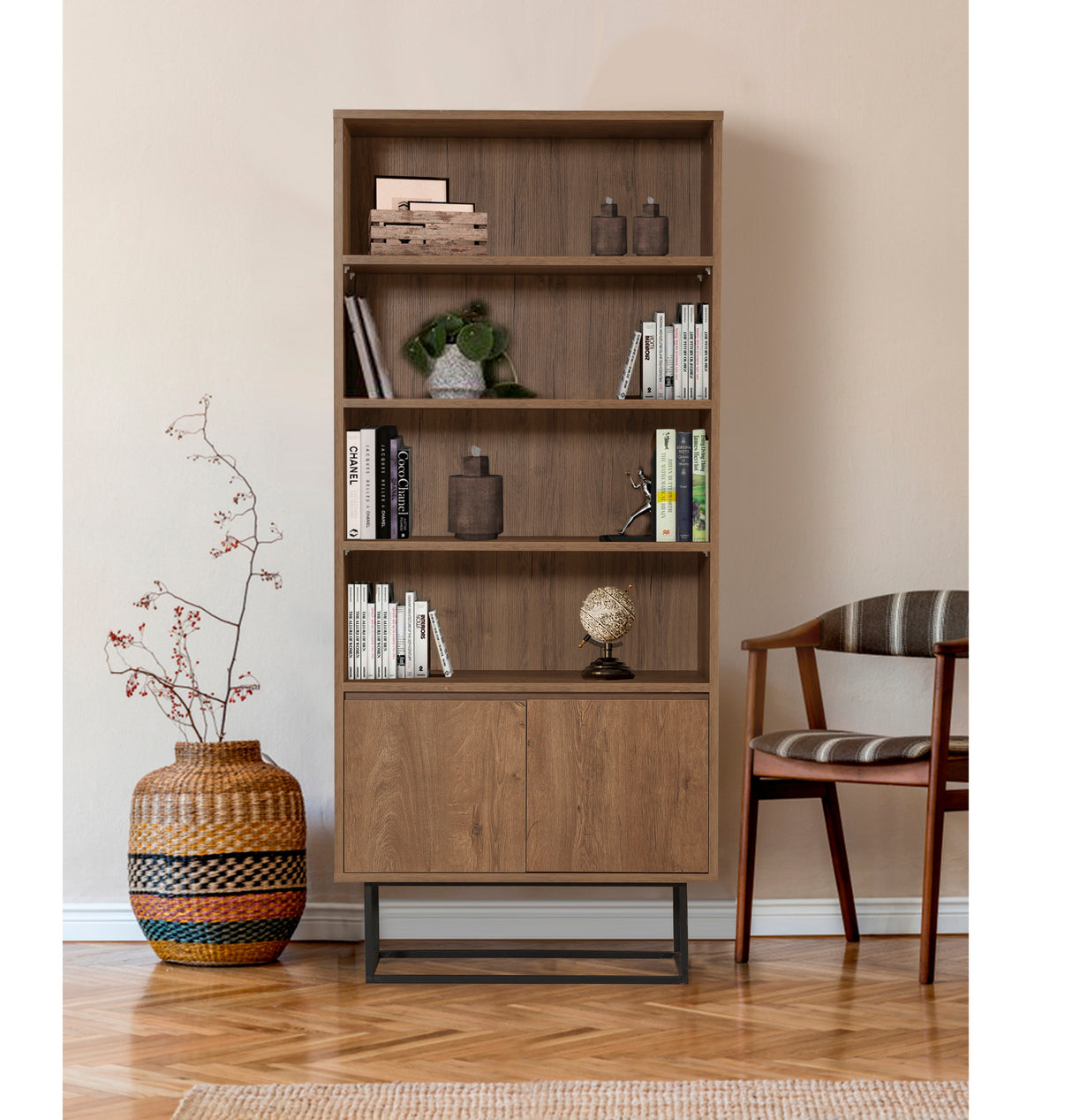 Bookcase Rea Walnut Black Melamine 80x182x36 cm