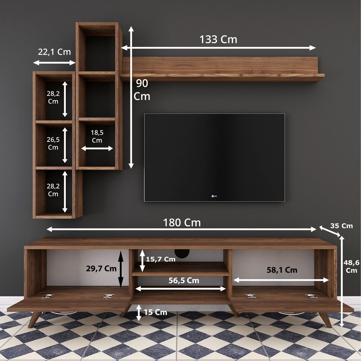 TV furniture set ion walnut melamine 180x48.6x35 cm