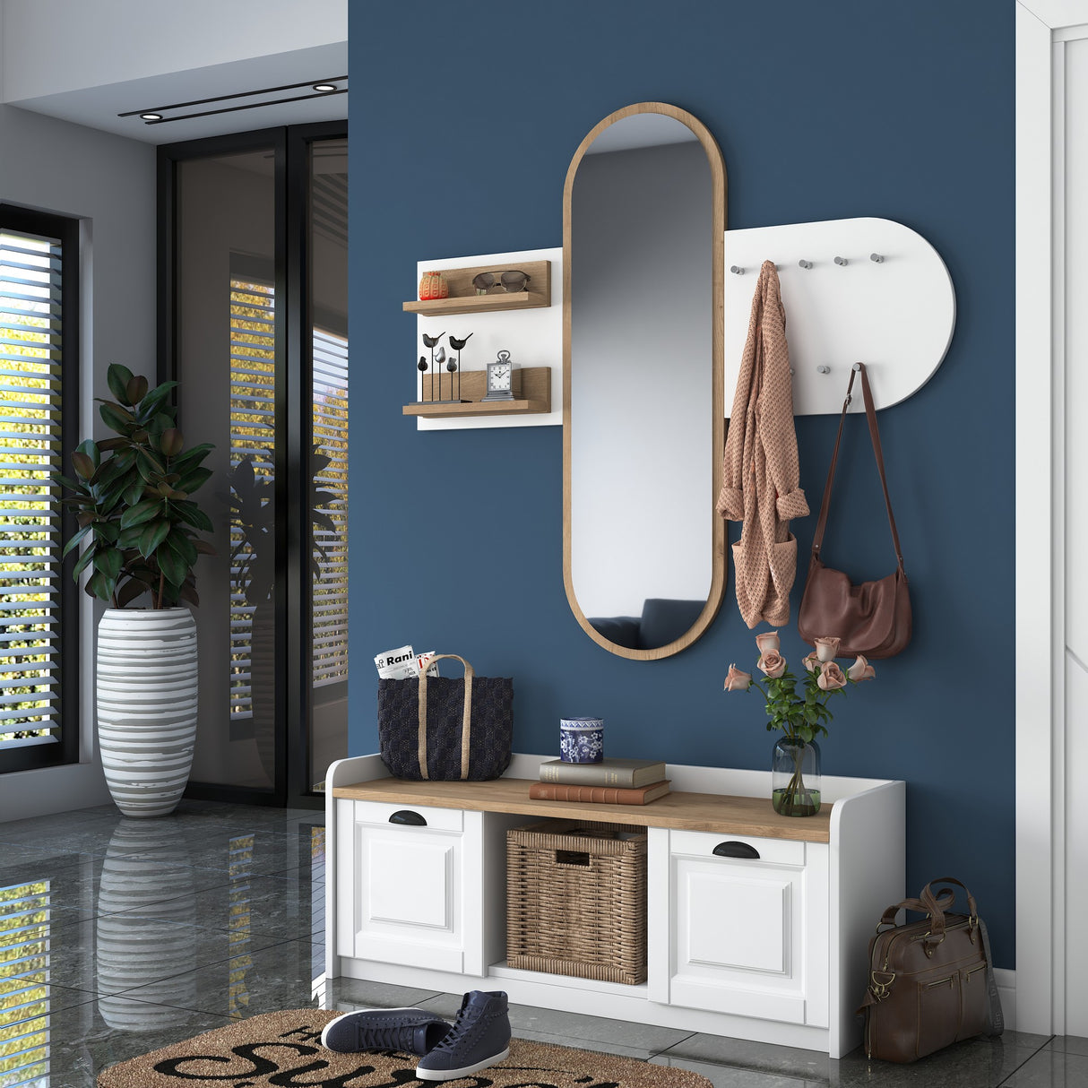 Furniture set Coat rack - Mirror - Shoe cabinet - White-Walnut Melamine 