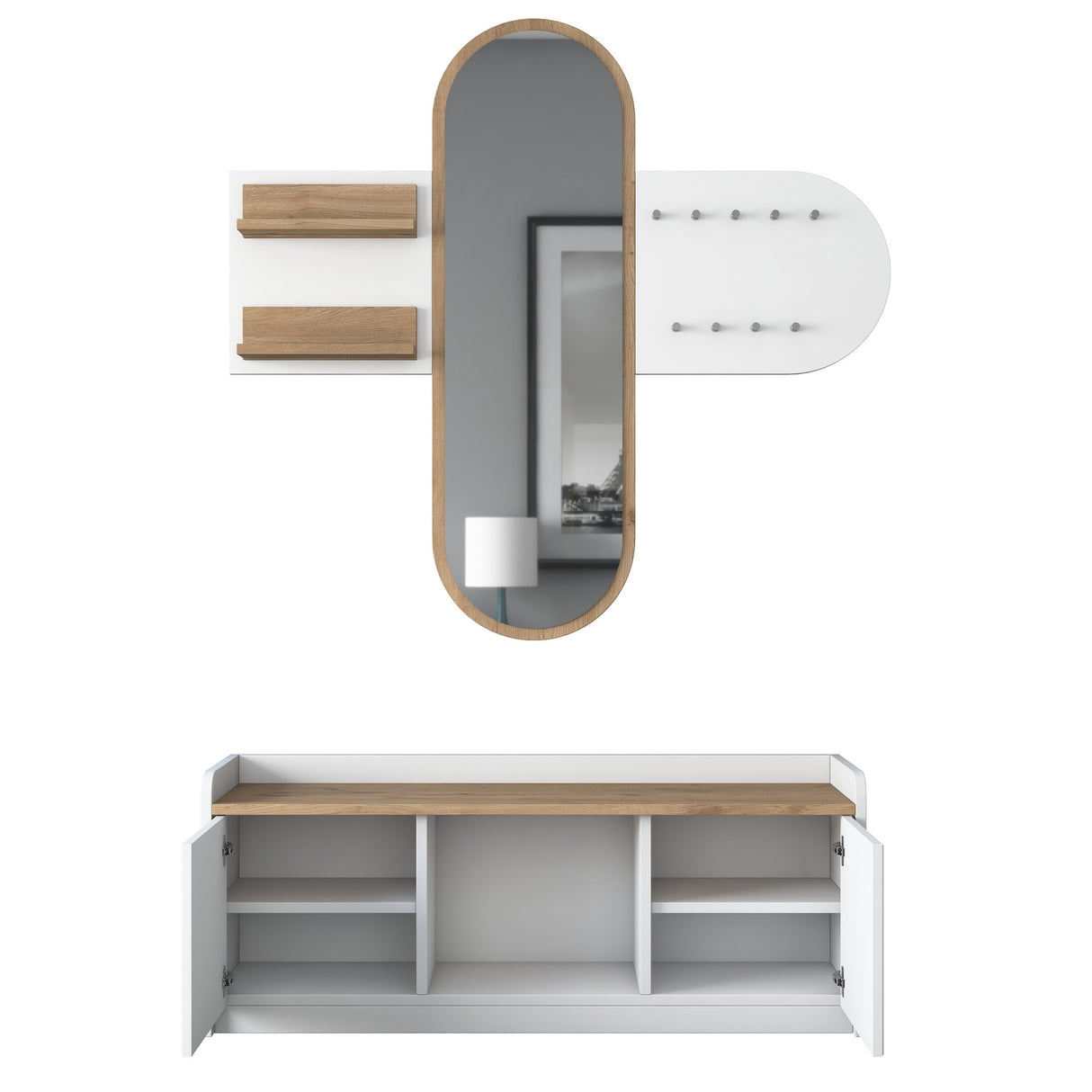 Furniture set Coat rack - Mirror - Shoe cabinet - White-Walnut Melamine 