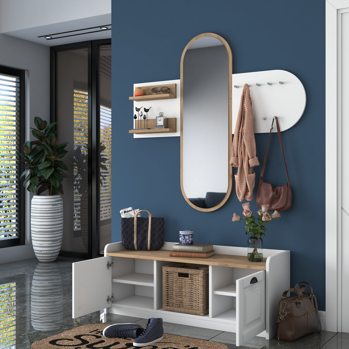 Furniture set Coat rack - Mirror - Shoe cabinet - White-Walnut Melamine 