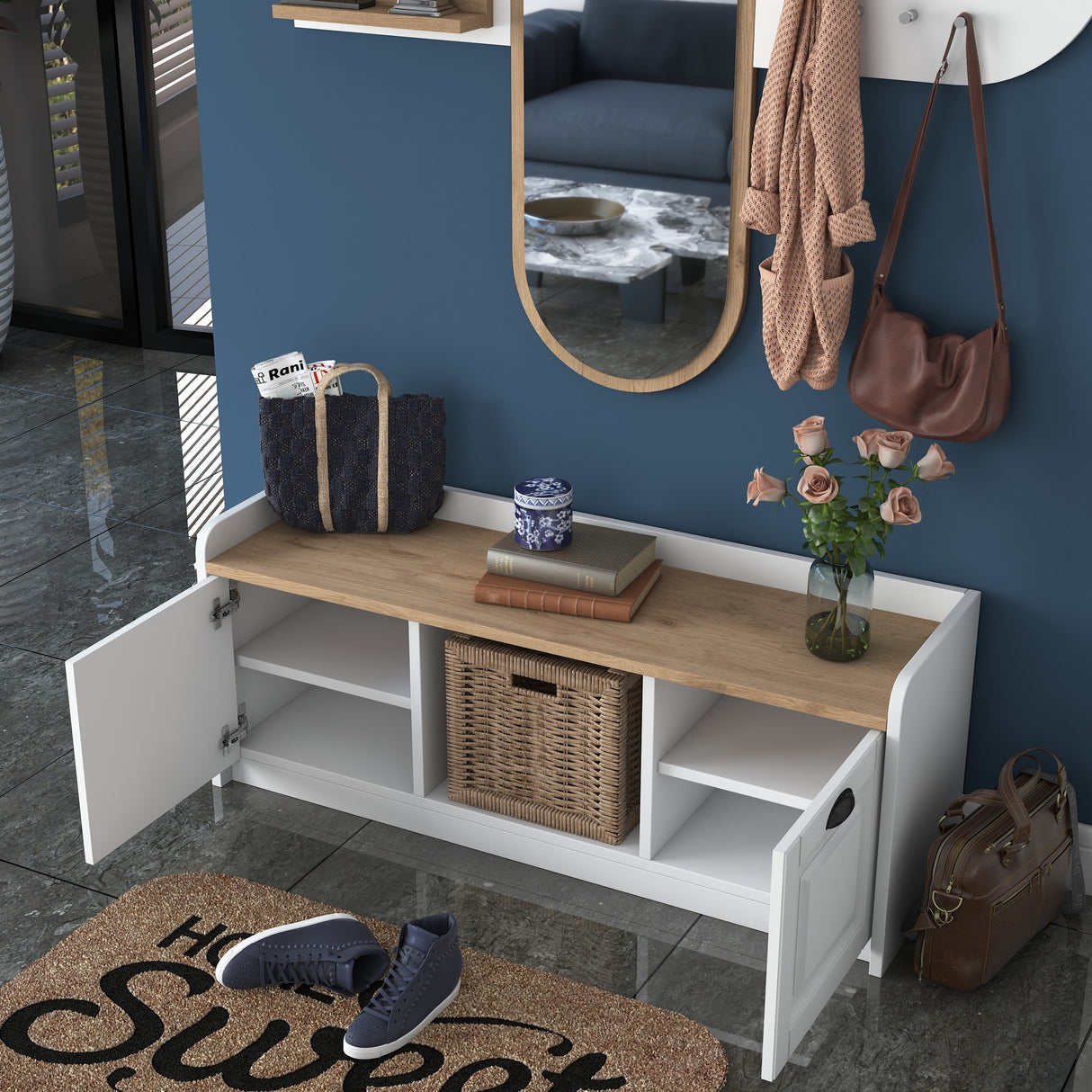 Furniture set Coat rack - Mirror - Shoe cabinet - White-Walnut Melamine 