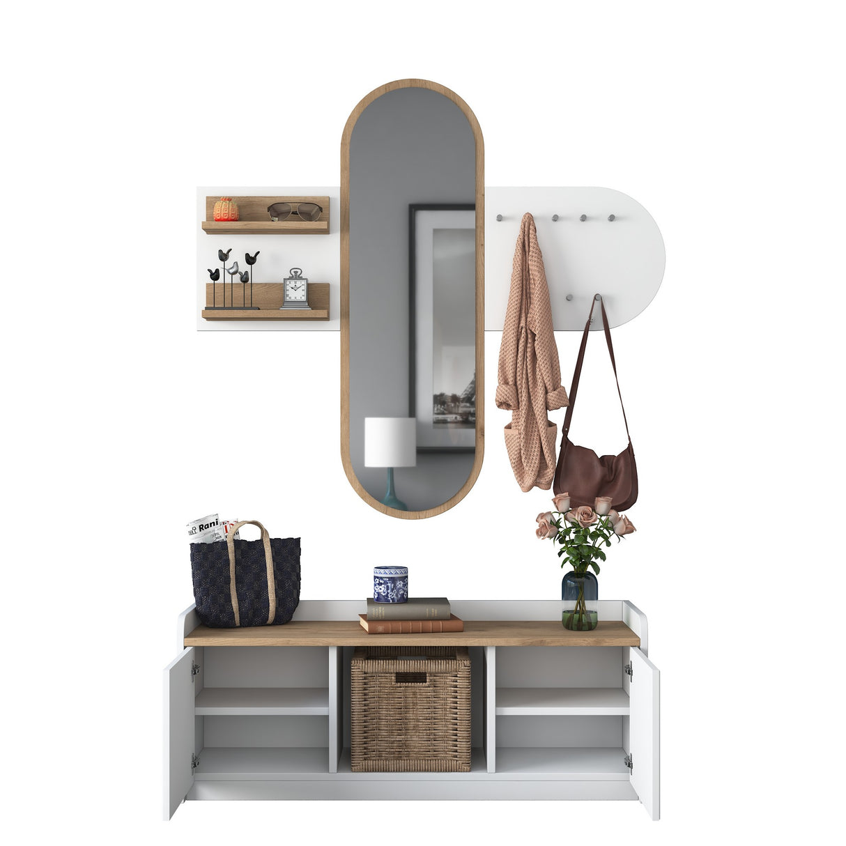 Furniture set Coat rack - Mirror - Shoe cabinet - White-Walnut Melamine 