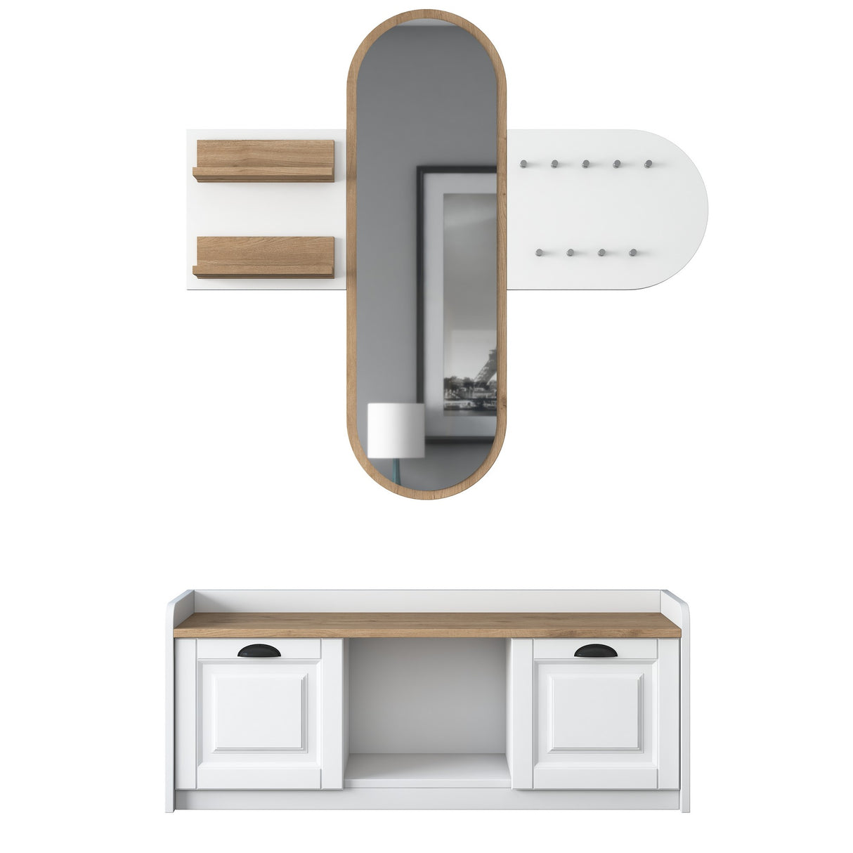 Furniture set Coat rack - Mirror - Shoe cabinet - White-Walnut Melamine 