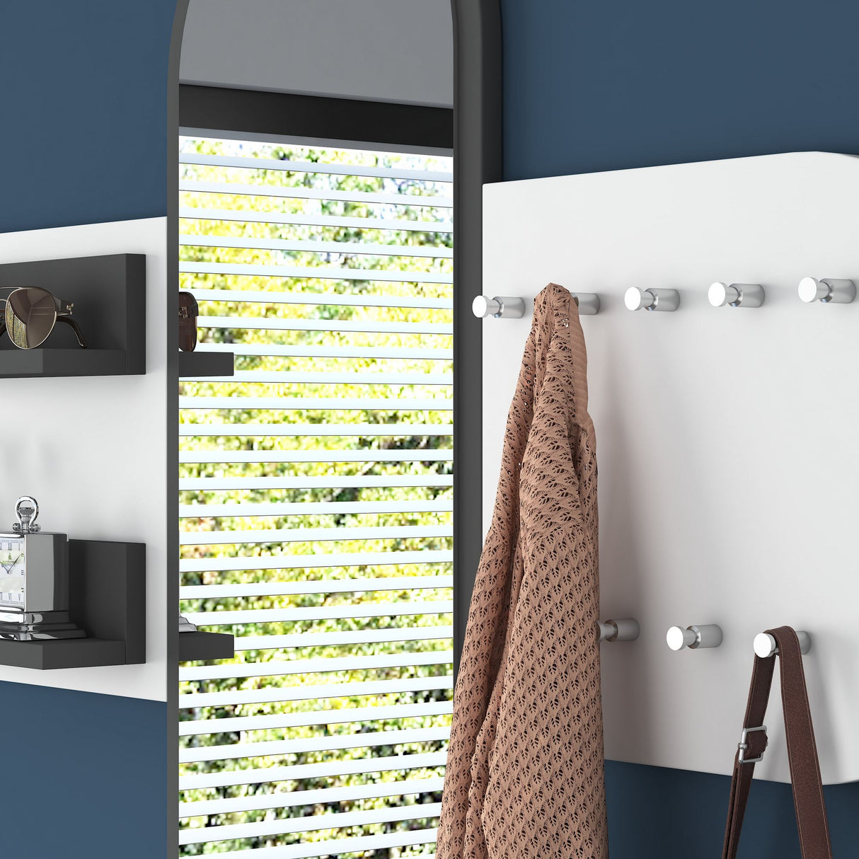 Coat Rack White Melamine 9-Hook - With Mirror - Two Shelves 