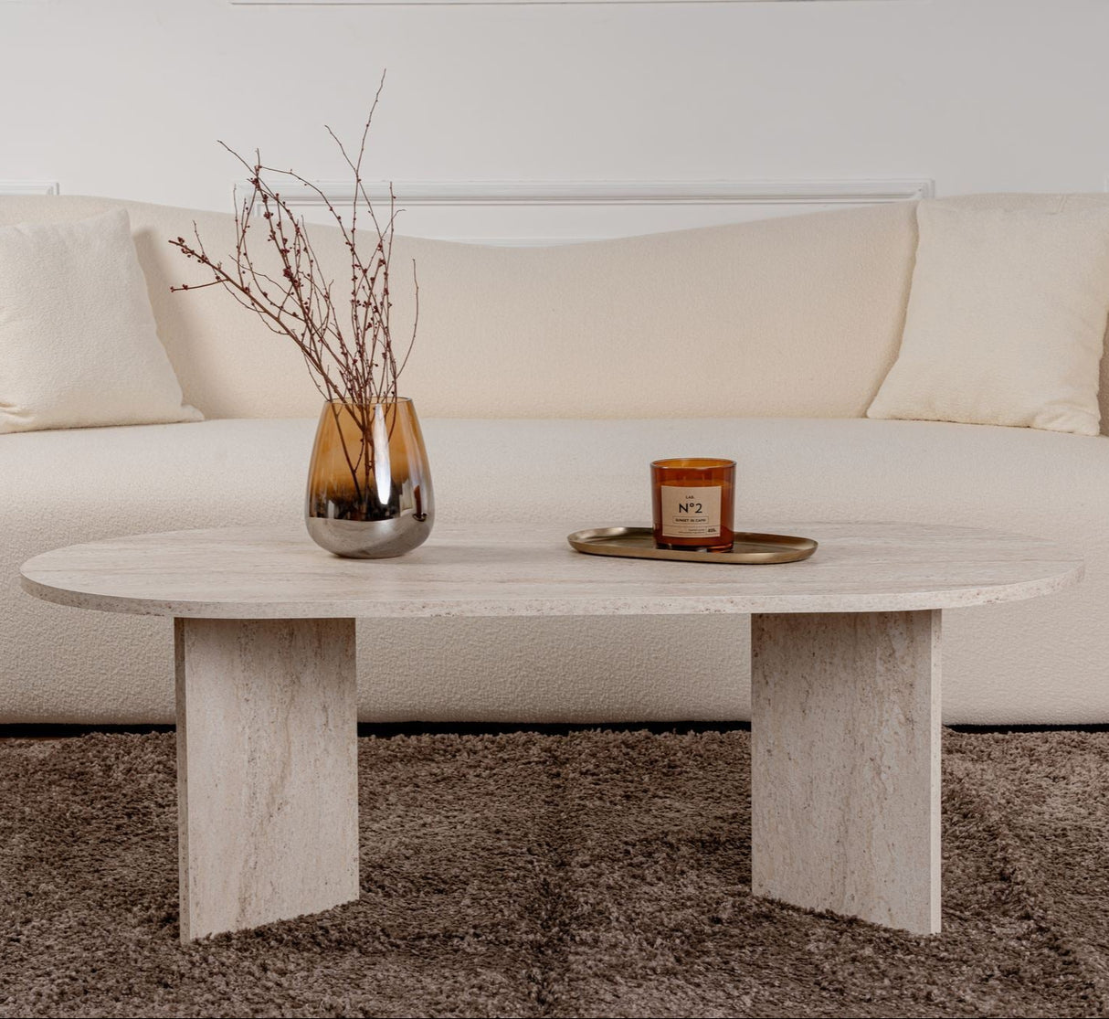 Oval Coffee Table Travertine look Sabla - 119x60 