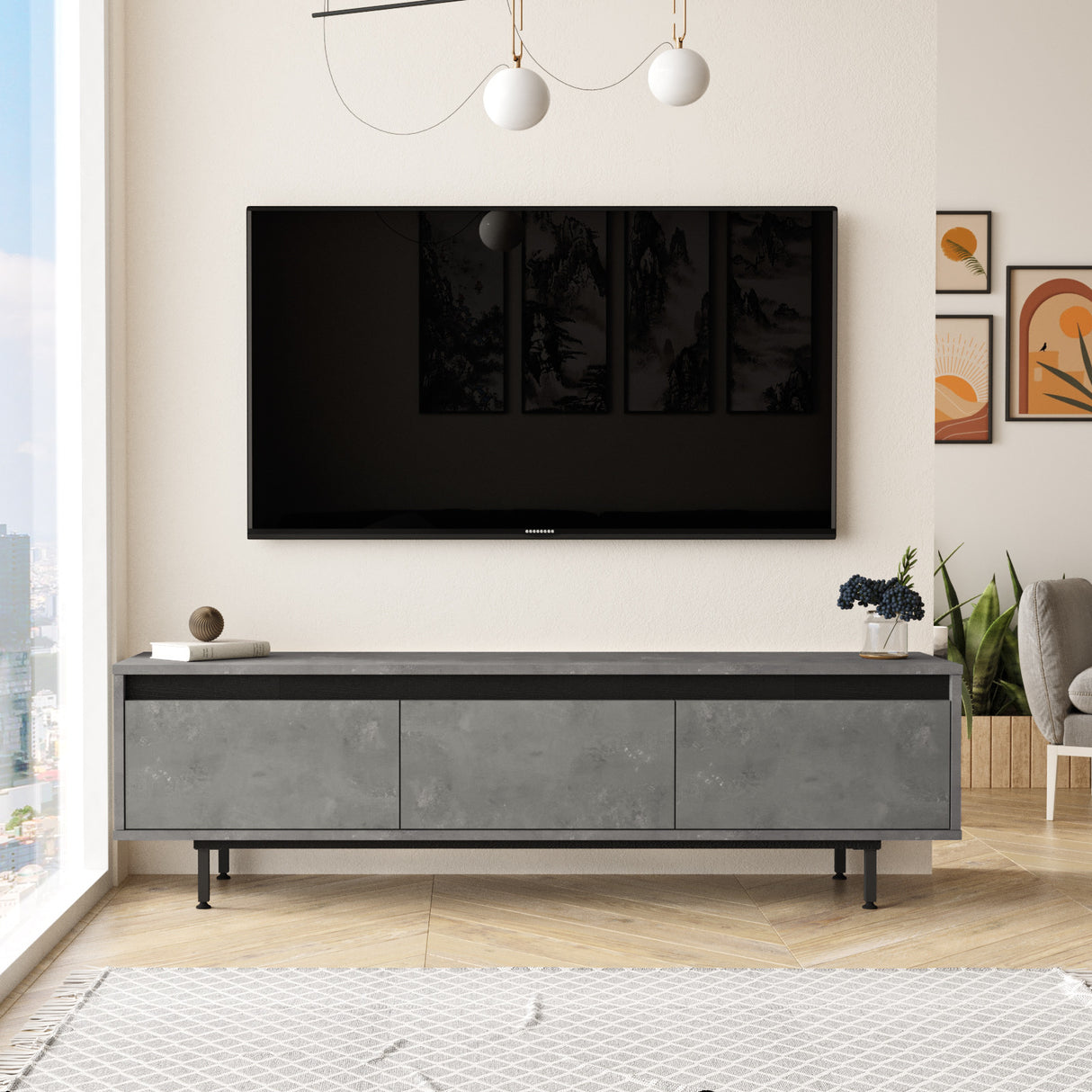 TV Furniture Maya Silver Black Melamine 160x45.2x35.5 cm