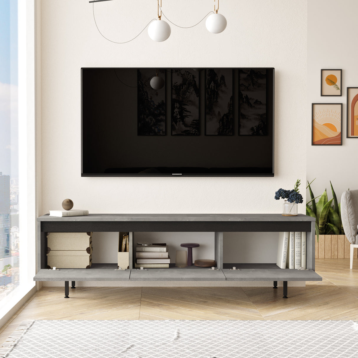 TV Furniture Maya Silver Black Melamine 160x45.2x35.5 cm