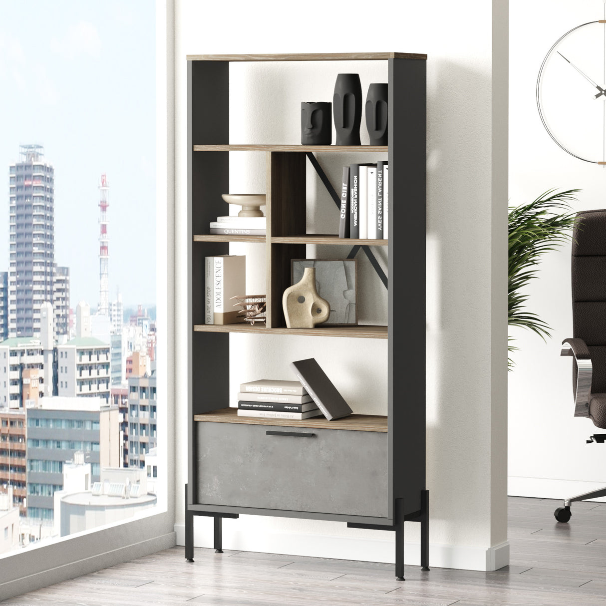 Bookcase Rhea Brown Gray Anthracite Melamine 75.5x160.8x44.5 cm