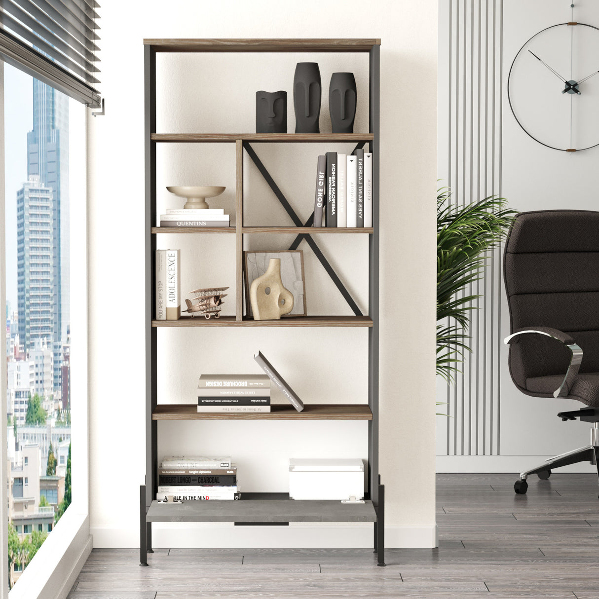 Bookcase Rhea Brown Gray Anthracite Melamine 75.5x160.8x44.5 cm