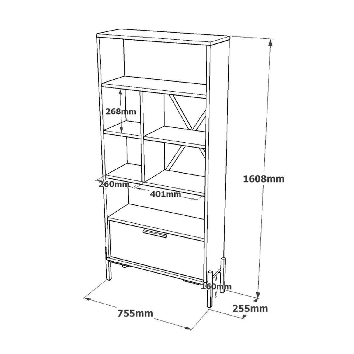 Bookcase Rhea Brown Gray Anthracite Melamine 75.5x160.8x44.5 cm