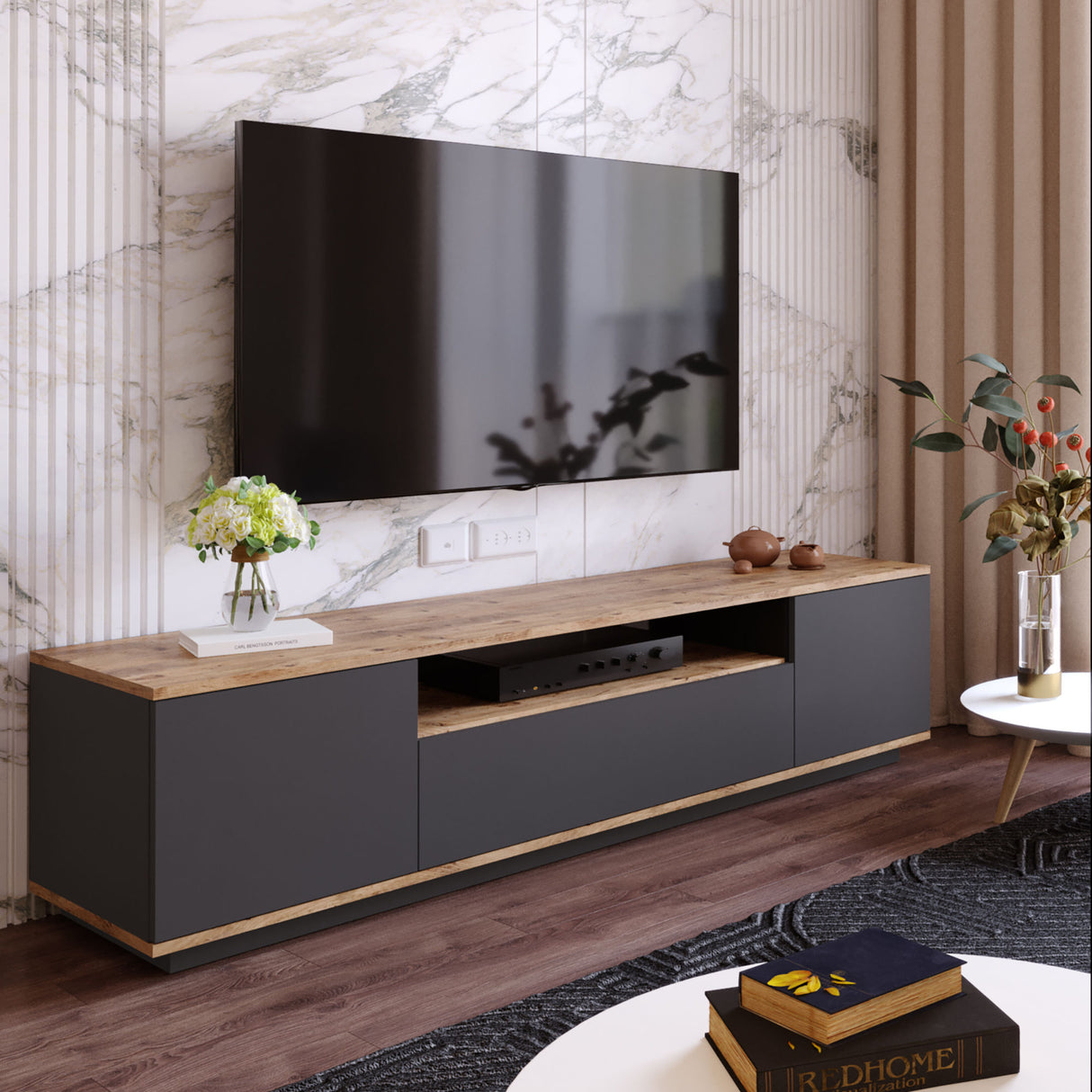 TV furniture vesper atlantic pine wood anthracite melamine 180x44.6x44.5 cm