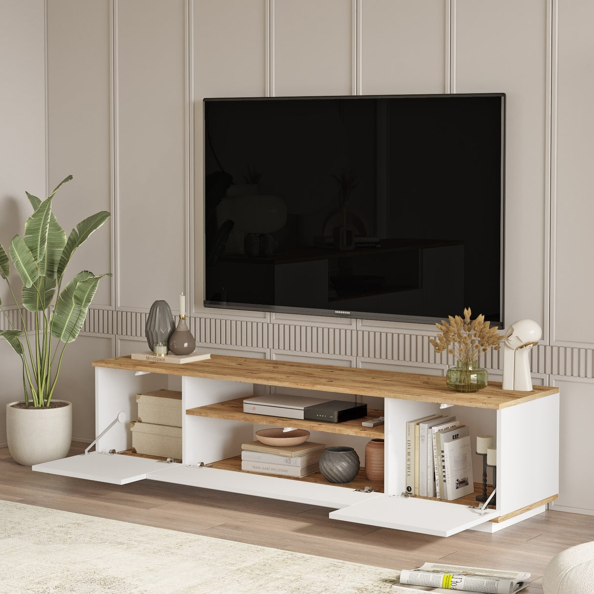 TV furniture Salerno Atlantic Pine Wit Melamine 180x44.6x44.5 cm