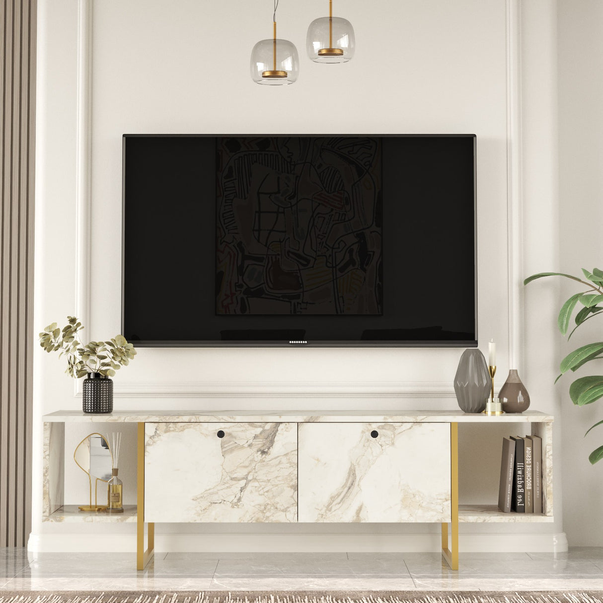 TV Furniture Hespera White Gold Melamine 160x47.6x40 cm