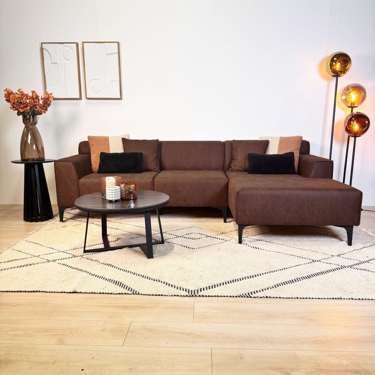 Davidson Microfiber Cognac Corner Sofa with Compact Lounge - Right 