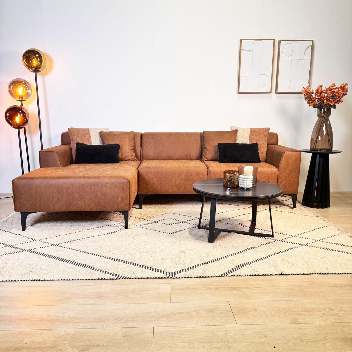 Davidson Microfiber Cognac Corner Sofa with Compact Lounge - Left 