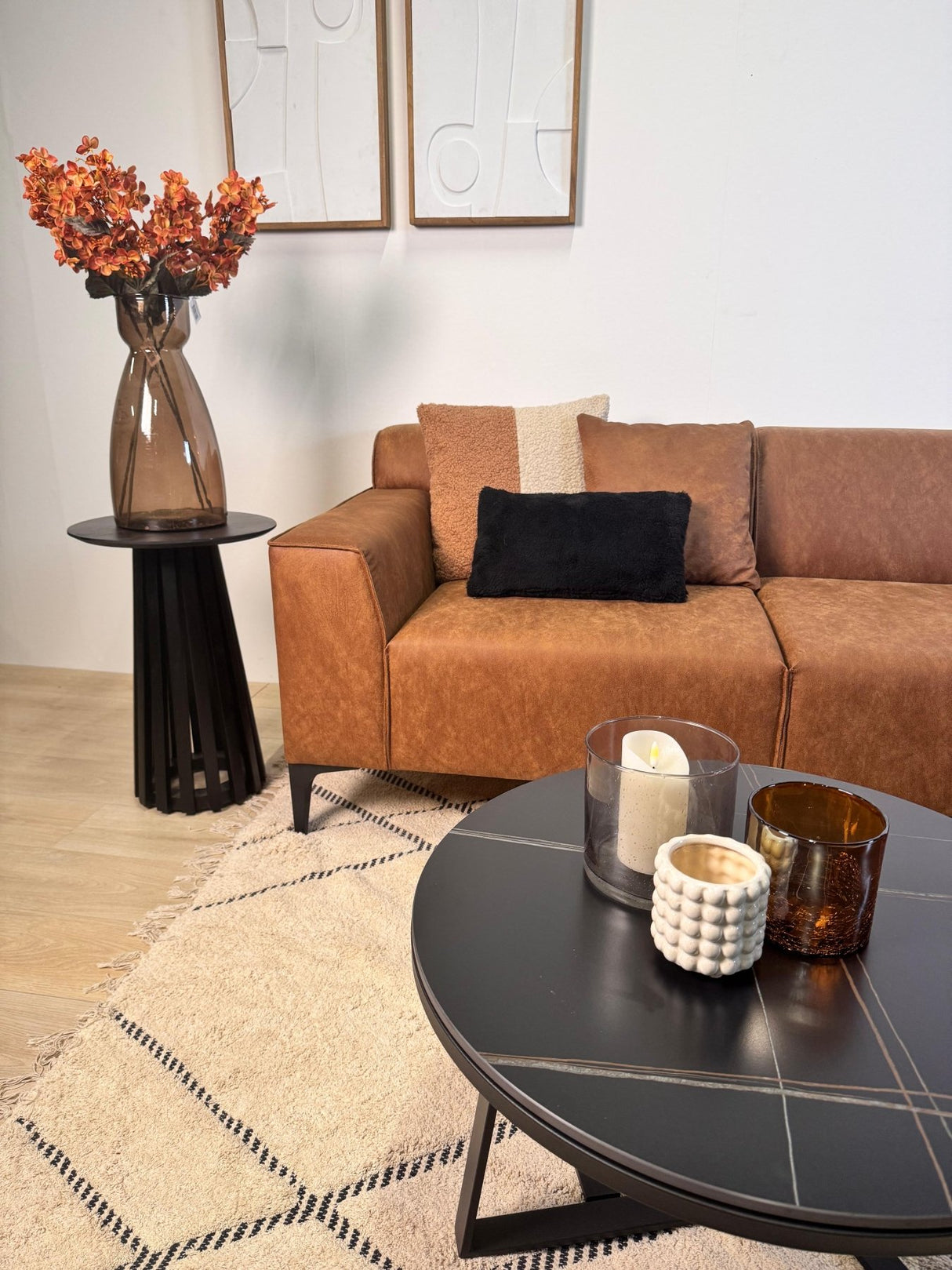 Davidson Cognac Corner Sofa Right - Microfiber Fabric 