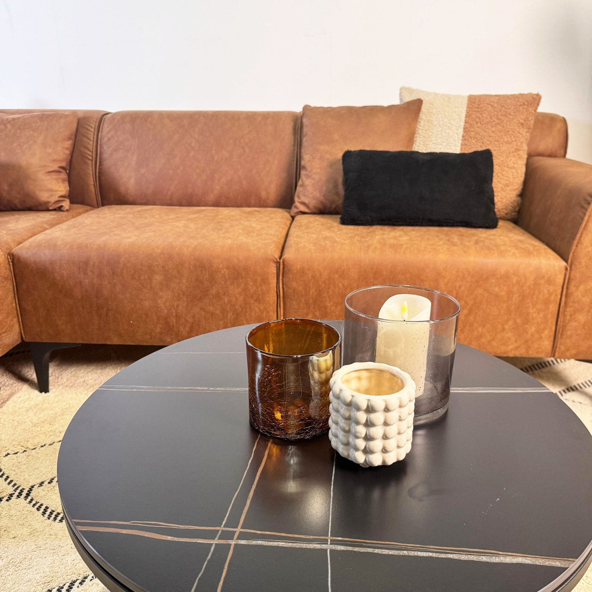 Davidson Microfiber Cognac Corner Sofa with Compact Lounge - Left 