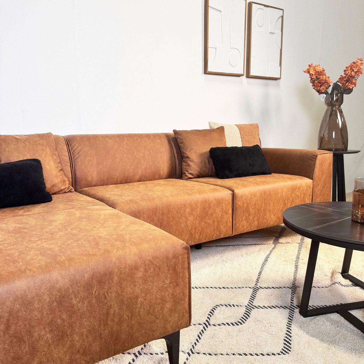 Davidson Microfiber Cognac Corner Sofa with Compact Lounge - Left 