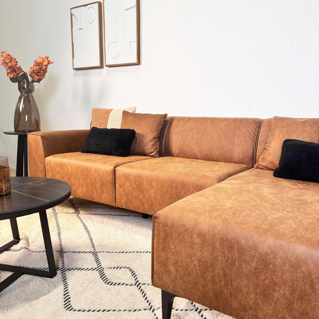 Davidson Cognac Corner Sofa Right - Microfiber Fabric 