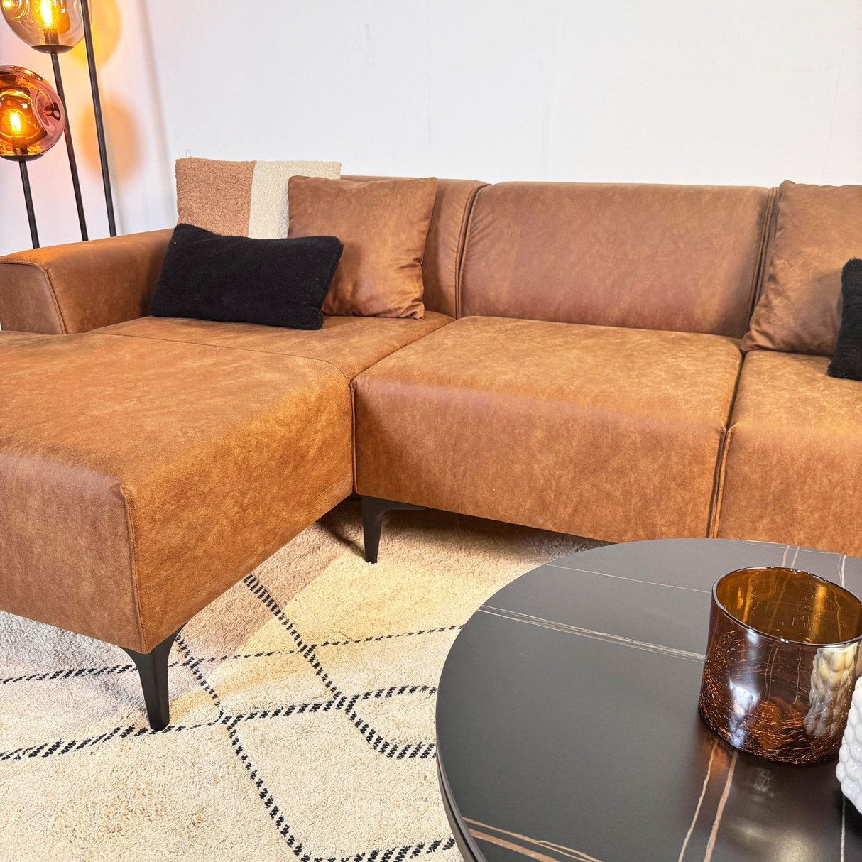 Davidson Microfiber Cognac Corner Sofa with Compact Lounge - Left 
