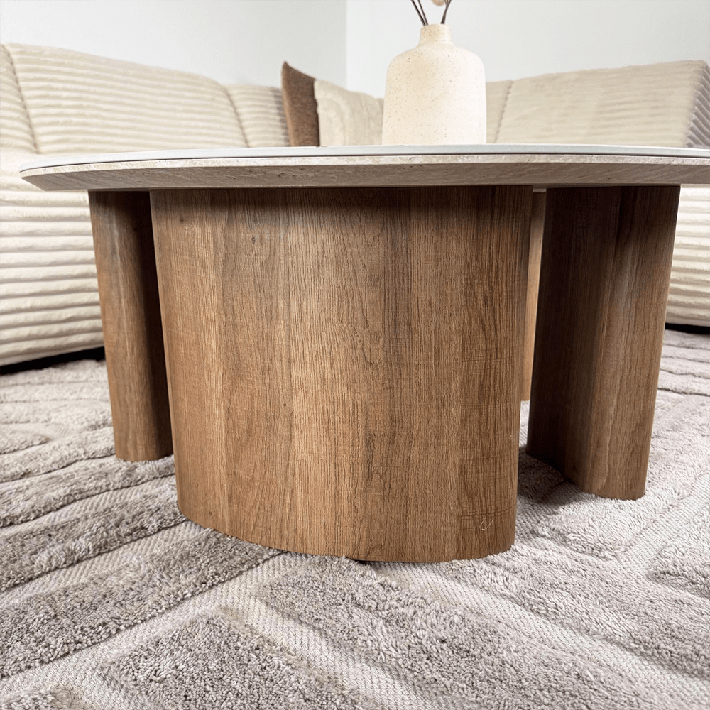 Coffee table set of 2 Jimi travertine top with walnut base 