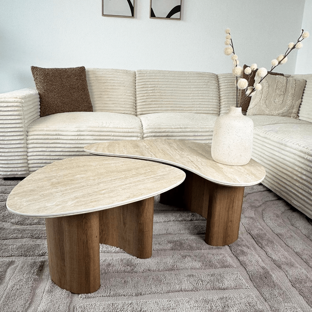 Coffee table set of 2 Jimi travertine top with walnut base 
