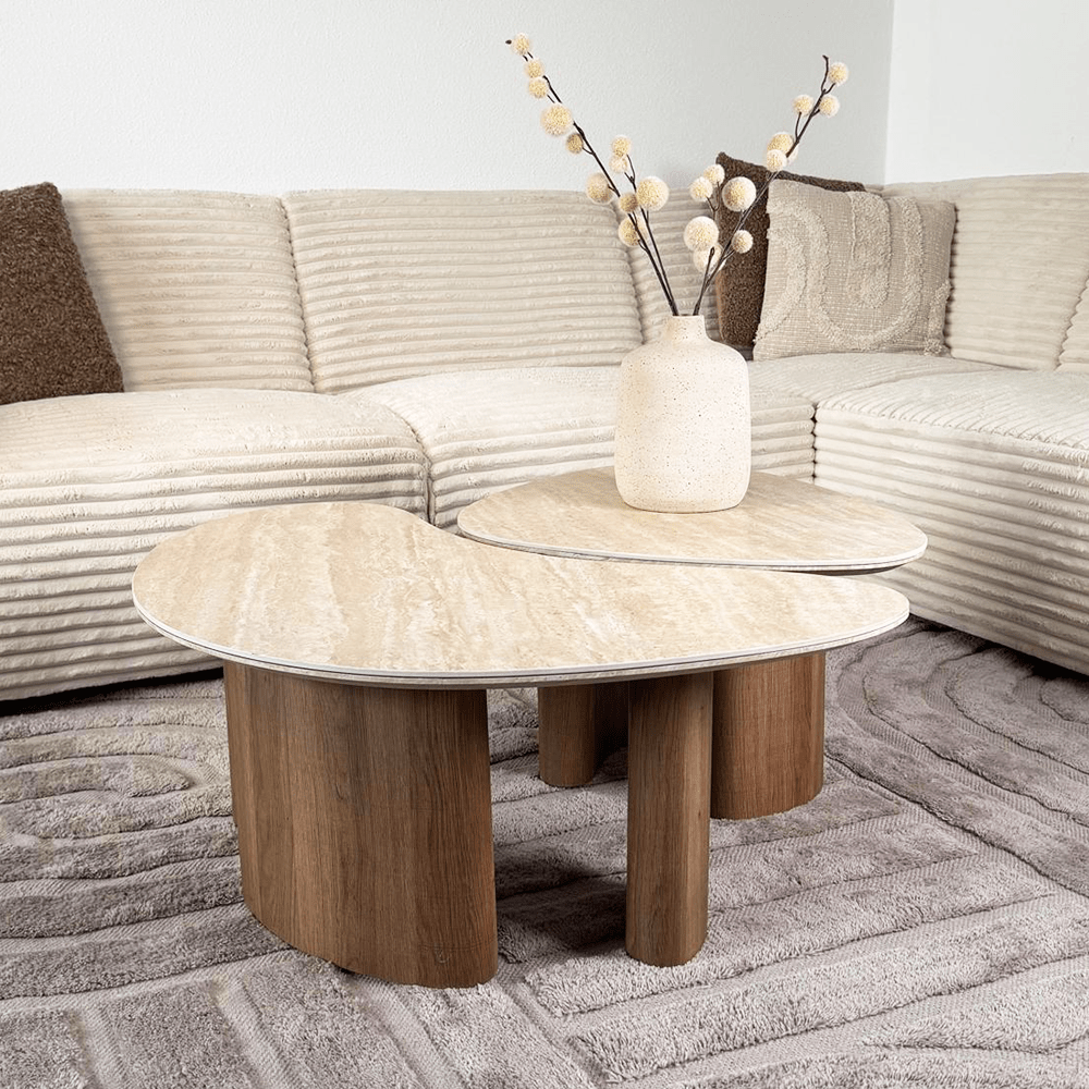 Coffee table set of 2 Jimi travertine top with walnut base 