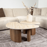 Coffee table set of 2 Jimi travertine top with walnut base 