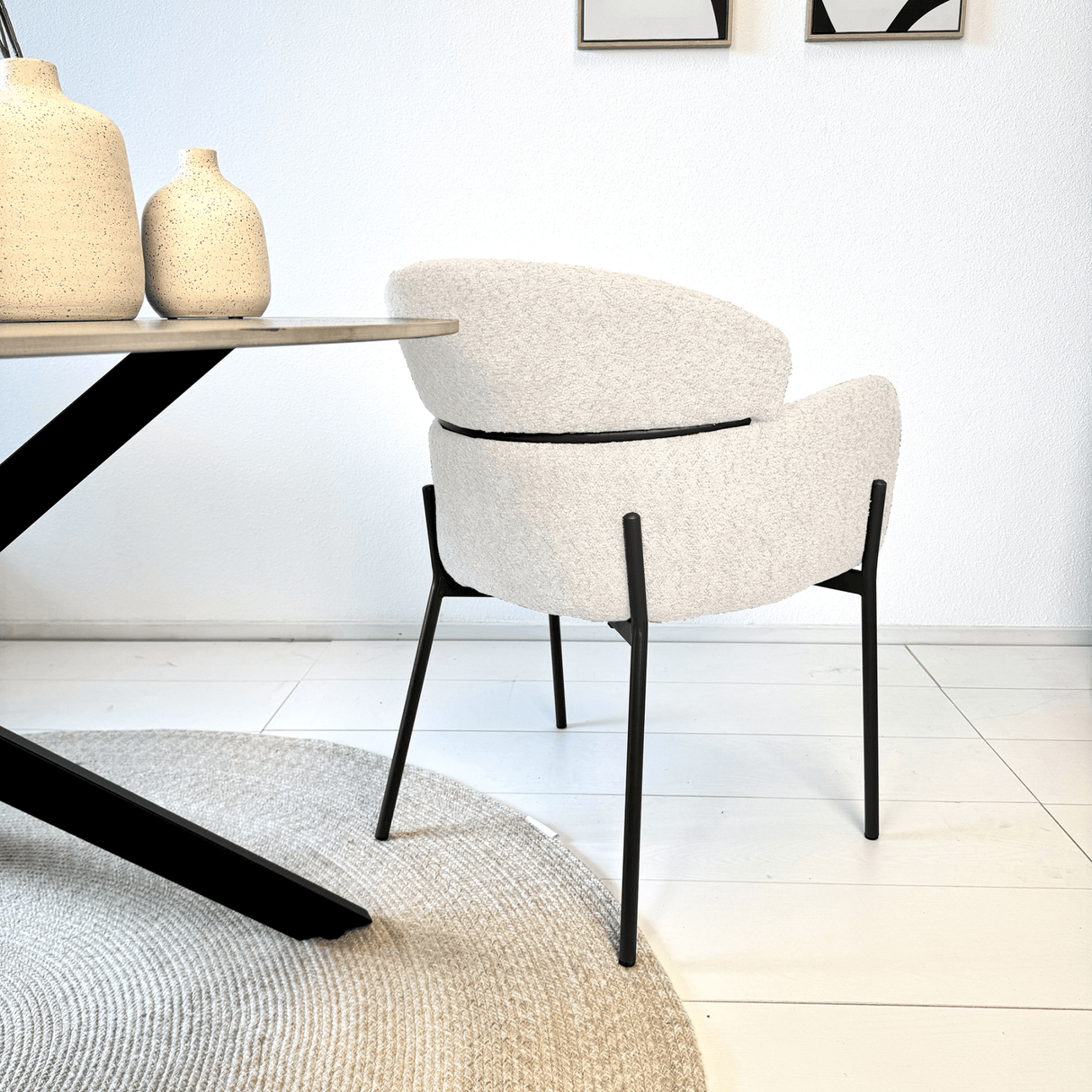 Dining chair Lola bouclé fabric cream white with round back and arm 