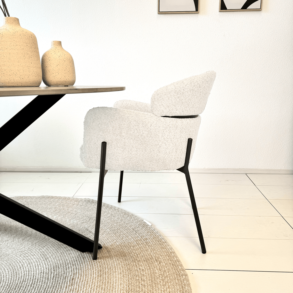 Dining chair Lola bouclé fabric cream white with round back and arm 