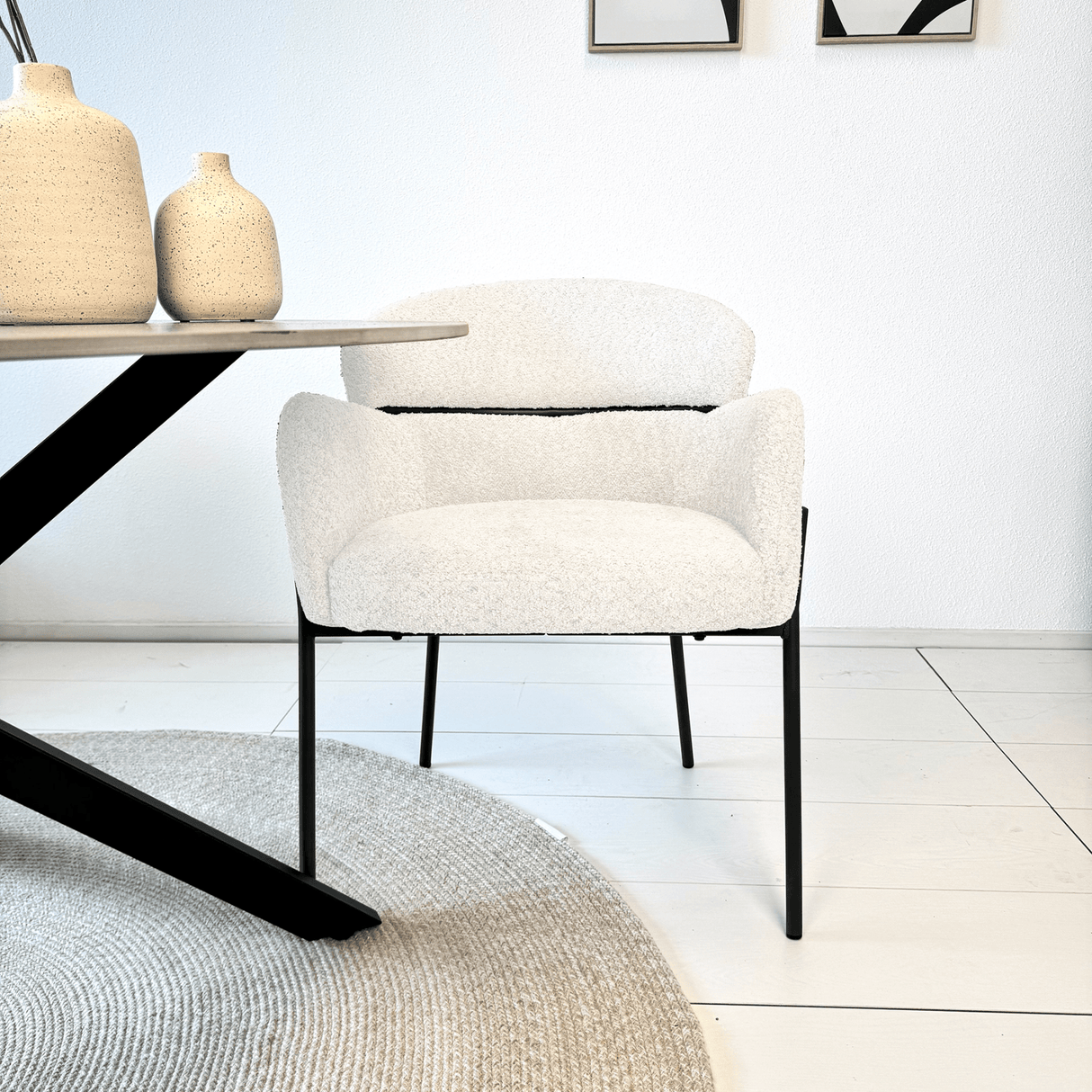 Dining chair Lola bouclé fabric cream white with round back and arm 