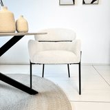 Dining chair Lola bouclé fabric cream white with round back and arm 