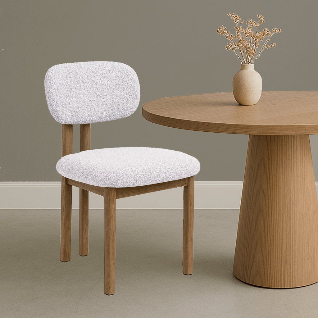 Japandi Dining Chair Miyo Bouclé Ivory - Oak Look Frame 