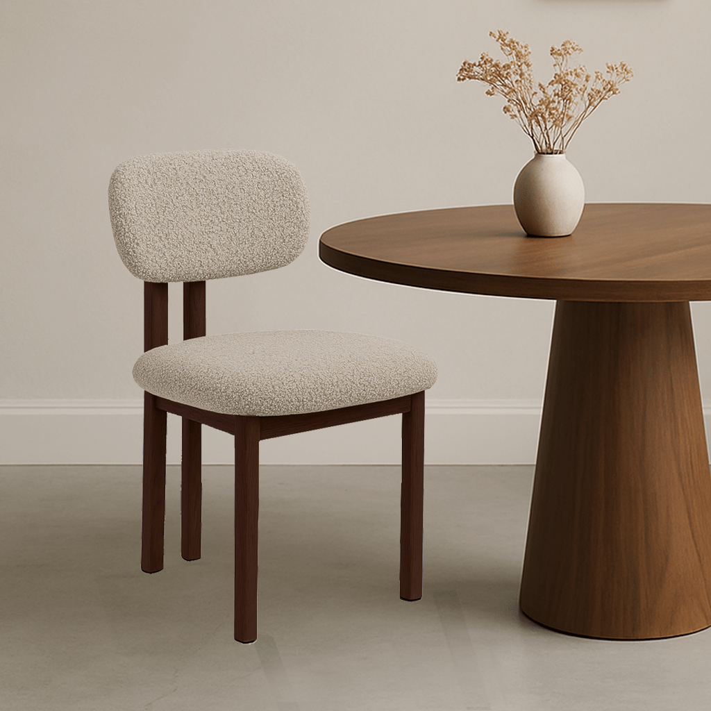 Japandi Dining Chair Miyo Bouclé Sand Color - Walnut Look Frame 