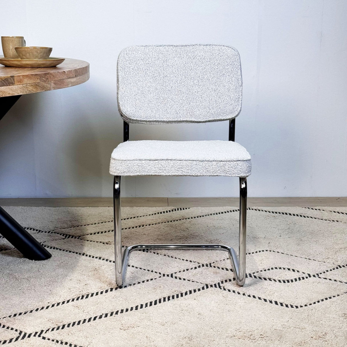Modern Dining Chair Green Boucle Fabric Sway - Chrome Frame - Without Armrests 