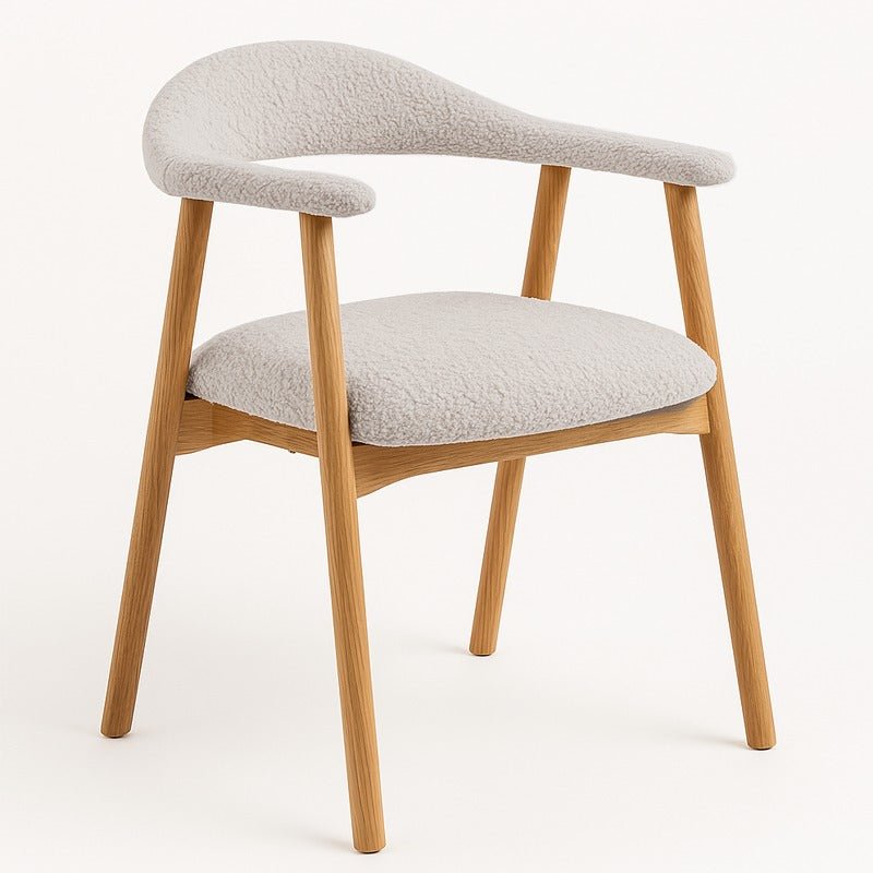 Japandi Dining Chair Ivory Bouclé Suki - Oak Look Frame - With Armrests 