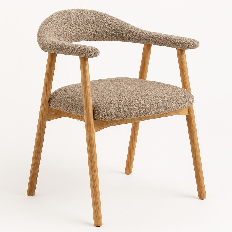 Japandi Dining Chair Sand Color Bouclé Suki - Oak Look Frame - With Armrest 