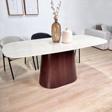 Complete Furniture Set: Lea Dining Table Sintered Stone Marble Look Travertine - Walnut Frame + 4x Lisa Dining Chairs Bouclé Gray 