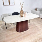 Complete Furniture Set: Lea Dining Table Sintered Stone Marble Look Travertine - Walnut Frame + 4x Lisa Dining Chairs Bouclé Gray 