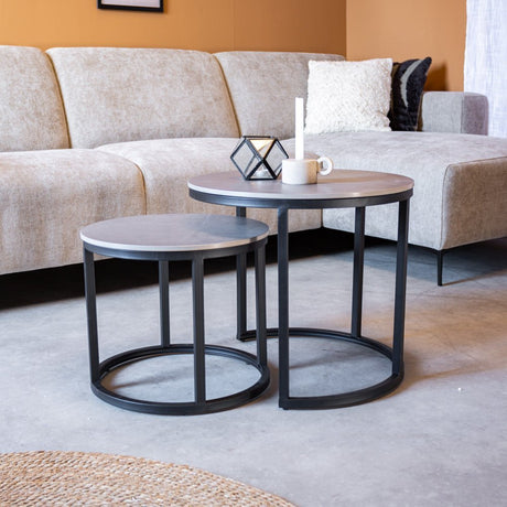 Round coffee table set of 2 sintered stone marble look paige gray