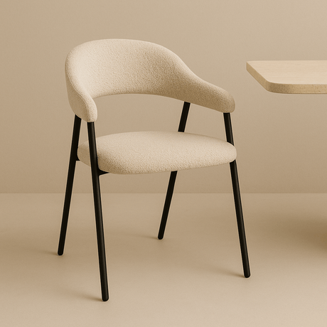 Complete Furniture Set: Lea Dining Table Sintered Stone Marble Look Travertine - Oak Frame + 4x Lisa Dining Chairs Bouclé Beige 